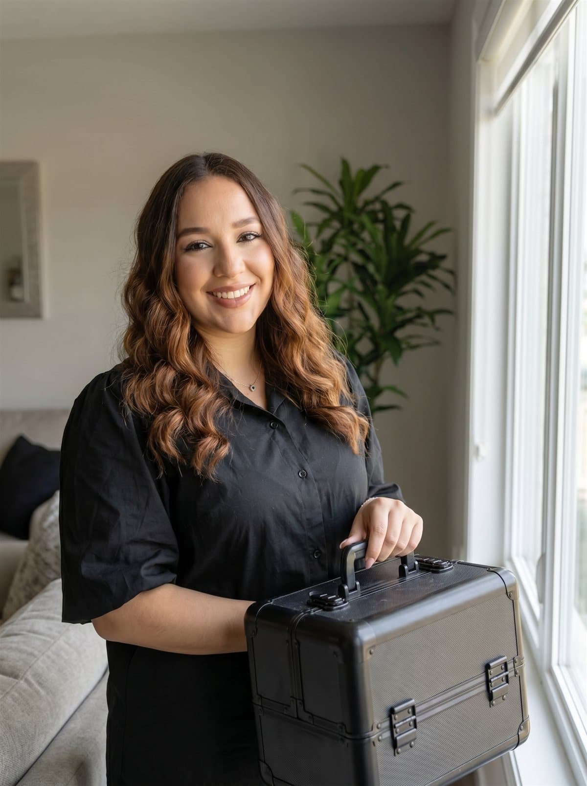Valeria Ríos con su kit de maquillaje profesional, lista para el servicio a domicilio en Armenia, Quindío